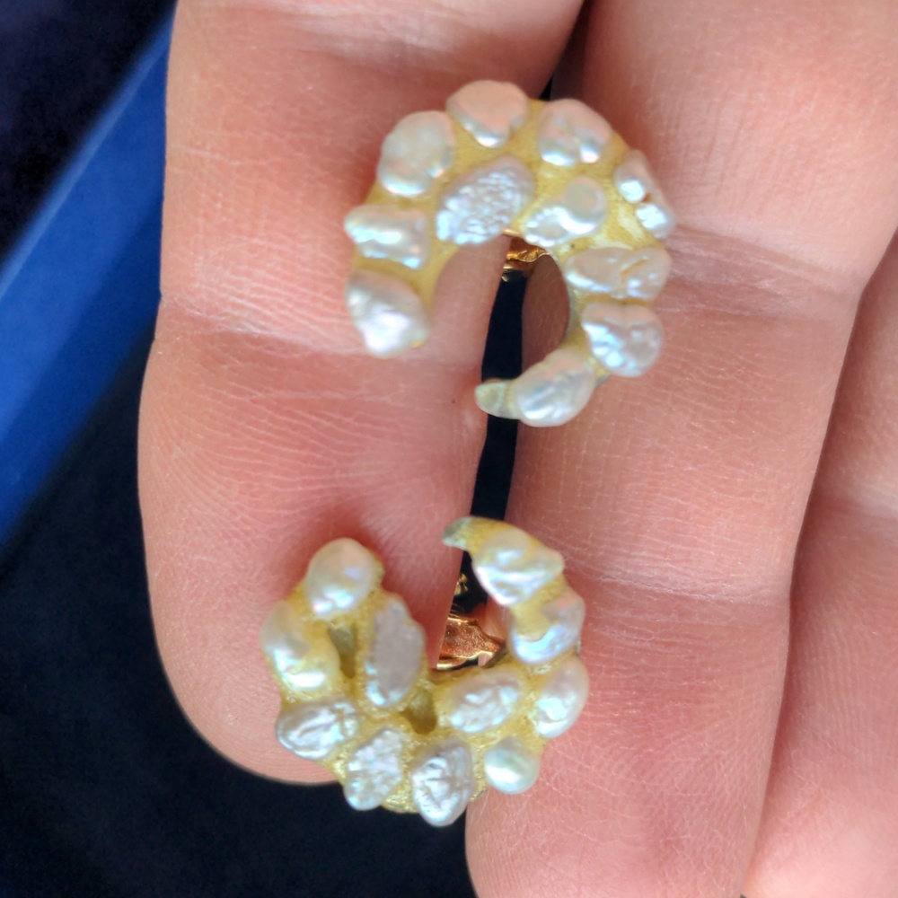 Vintage gold tone Crescent Moon earrings with natural white river pearls